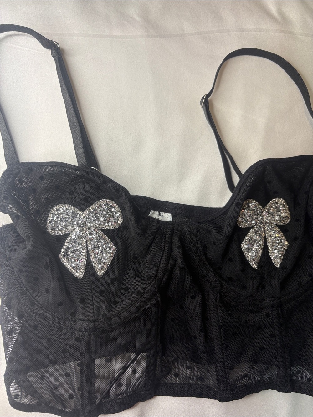Sheer Mesh Polka Dot Sparkly Bow Corset Crop Tank Bralette Top Costume Lingerie